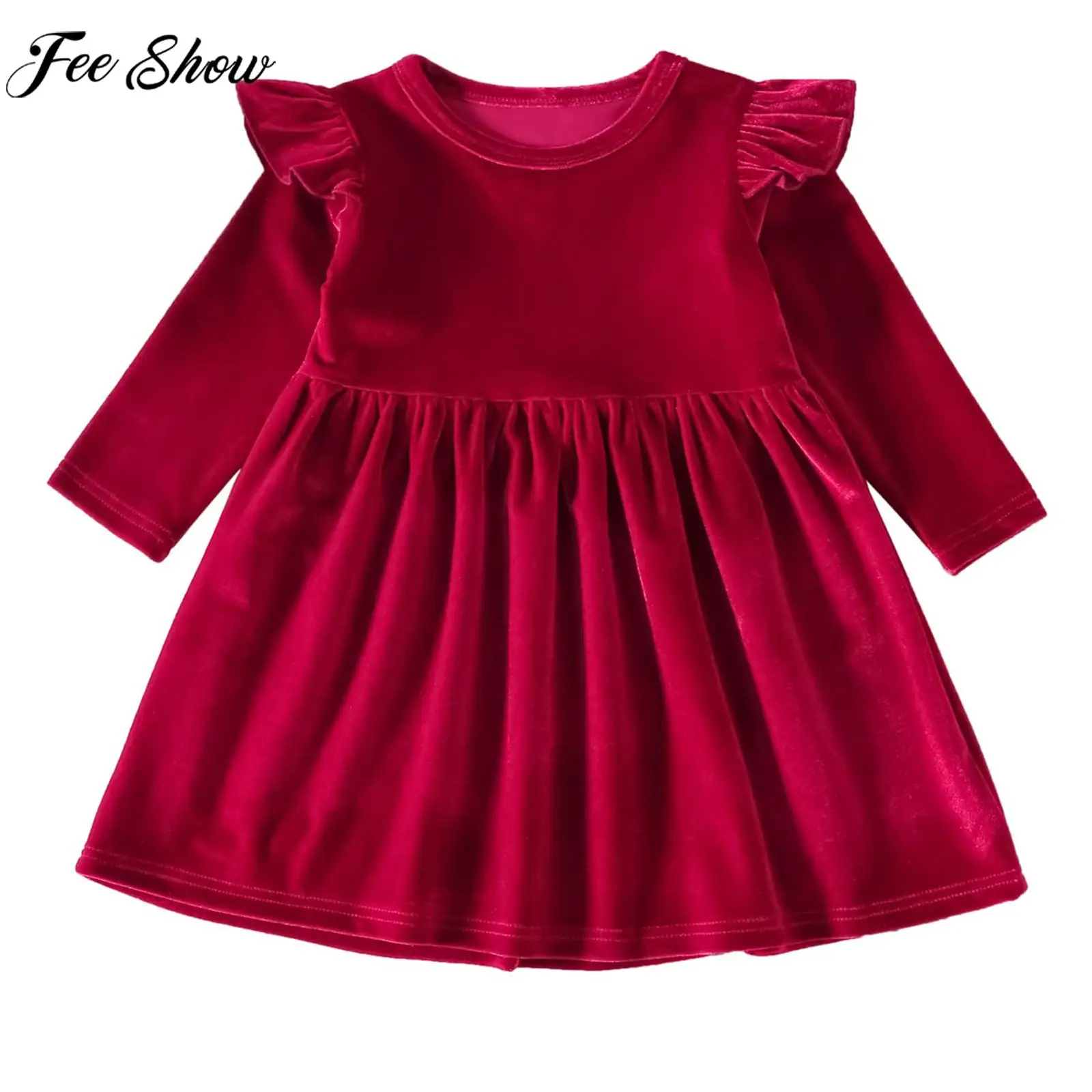 

Kids Girls Christmas Birthday Prom Party Dress Long Sleeve Round Neck Ruffle Solid Color Velvet Dress Daily Wea Loungewear