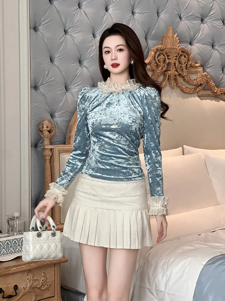 

Spring New Style French Design Half Turtleneck Slim Fit Velvet Top Bottoming Shirt for Women
