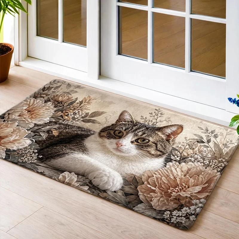 High Quality Decorative Cat Floral Print Doormat Mat for Pet Lovers Home Entrance Rug Peony Design Indoor Outdoor Welcome Mat