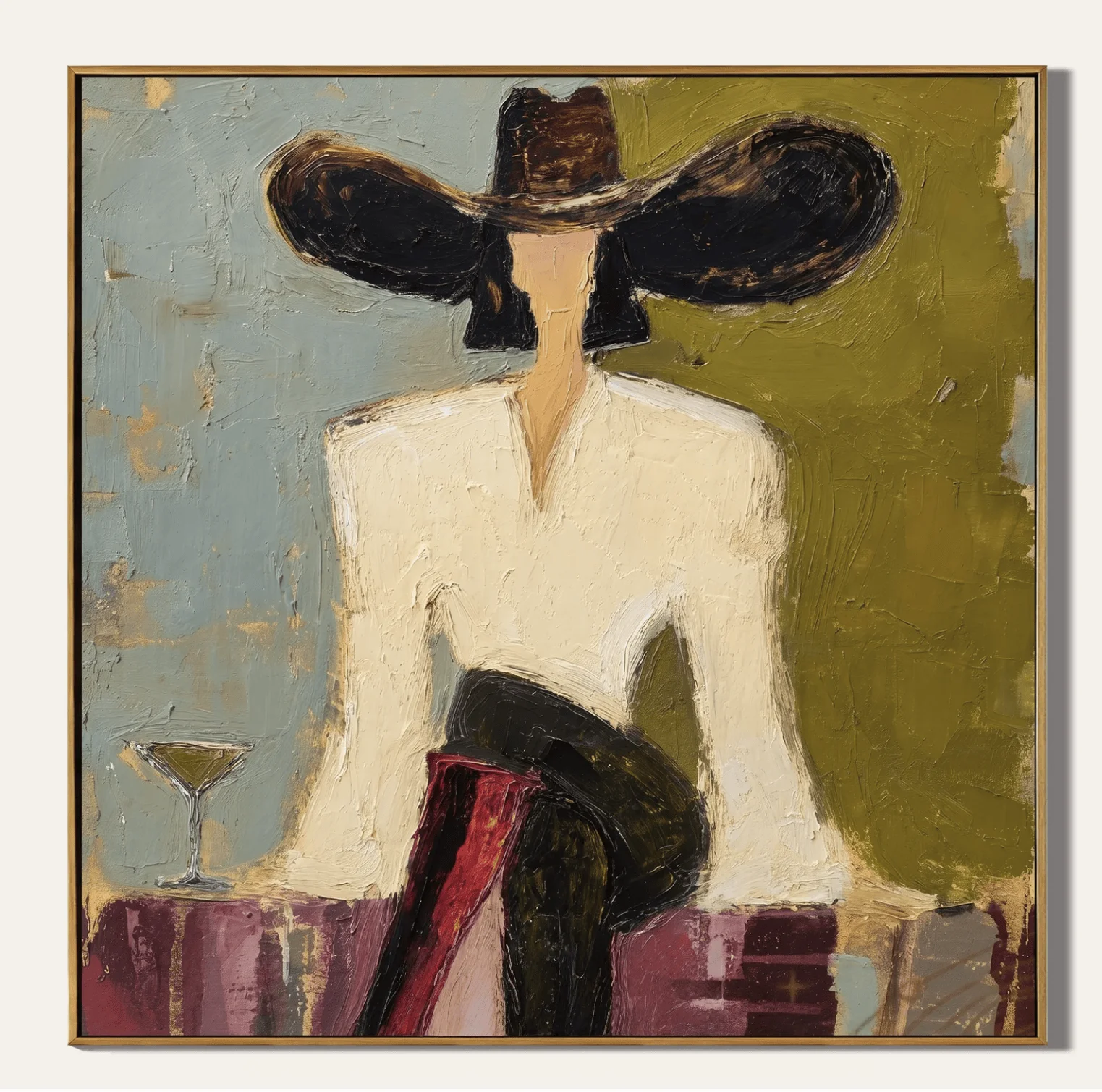 (No frame)Wall Art Canvas Prints Posters Decor Textured Abstract Black Wide Hat Lady Wine Painting For Living Room Bedroom Ba