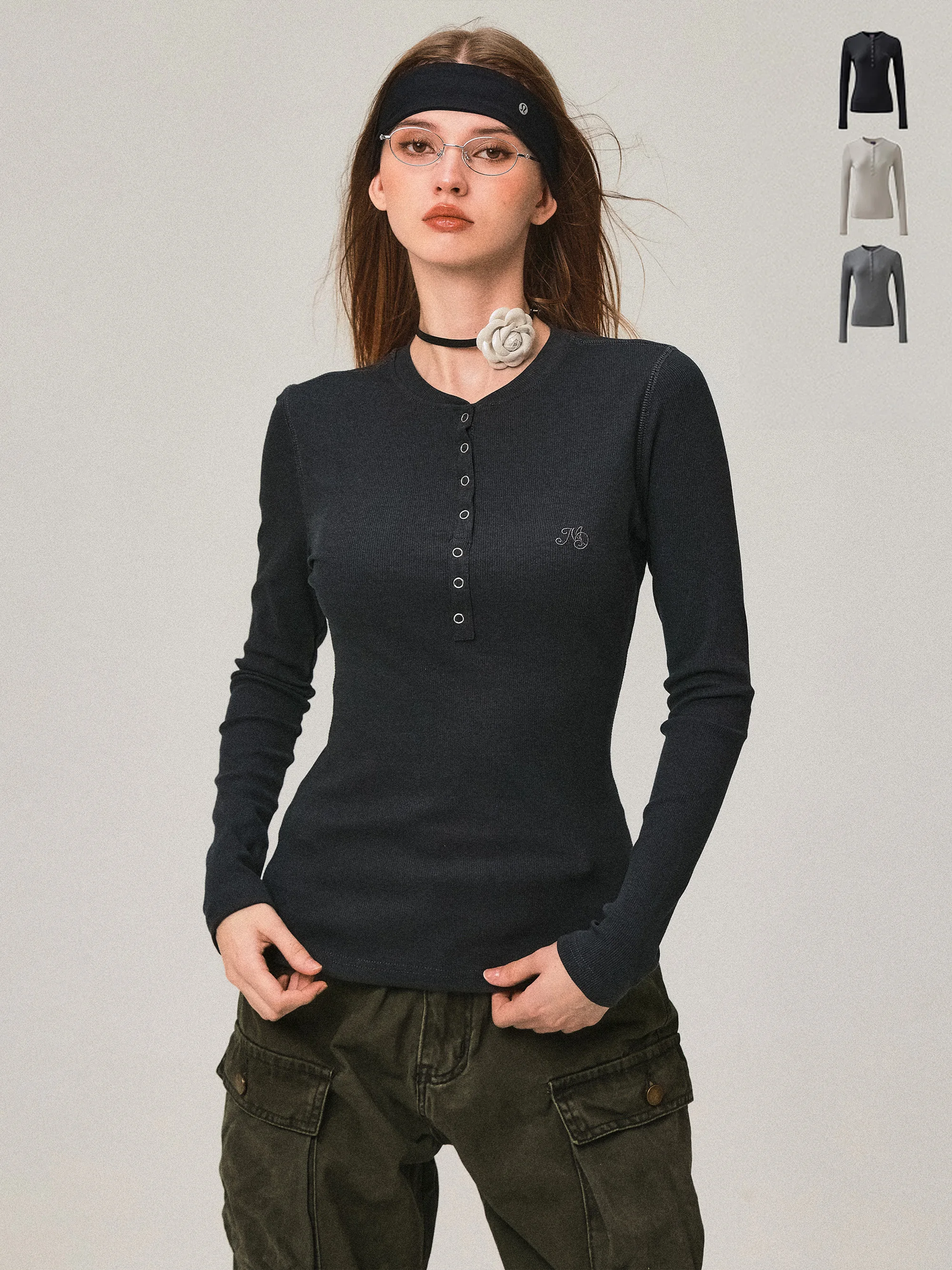 

MoodBerry American Retro Long Sve T-irt Women's Slim Fit Hot Girl f Open Collar Base irt Inner Wear Top Cotton Blend