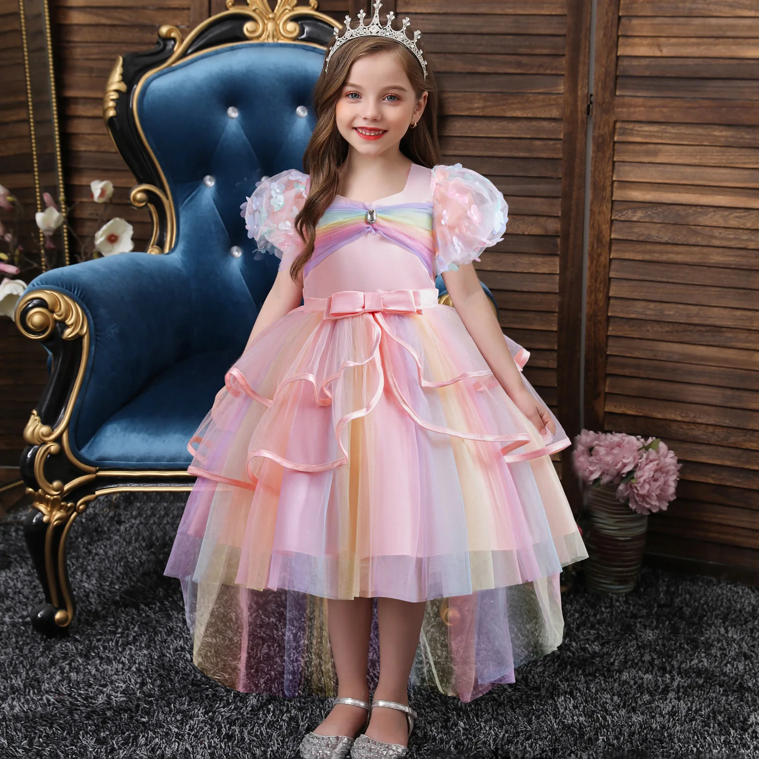 Child colorful purple bubble blue pink yellow mesh ball gown dress for 3 to 12 Year Children's Day Princess Performance Dress