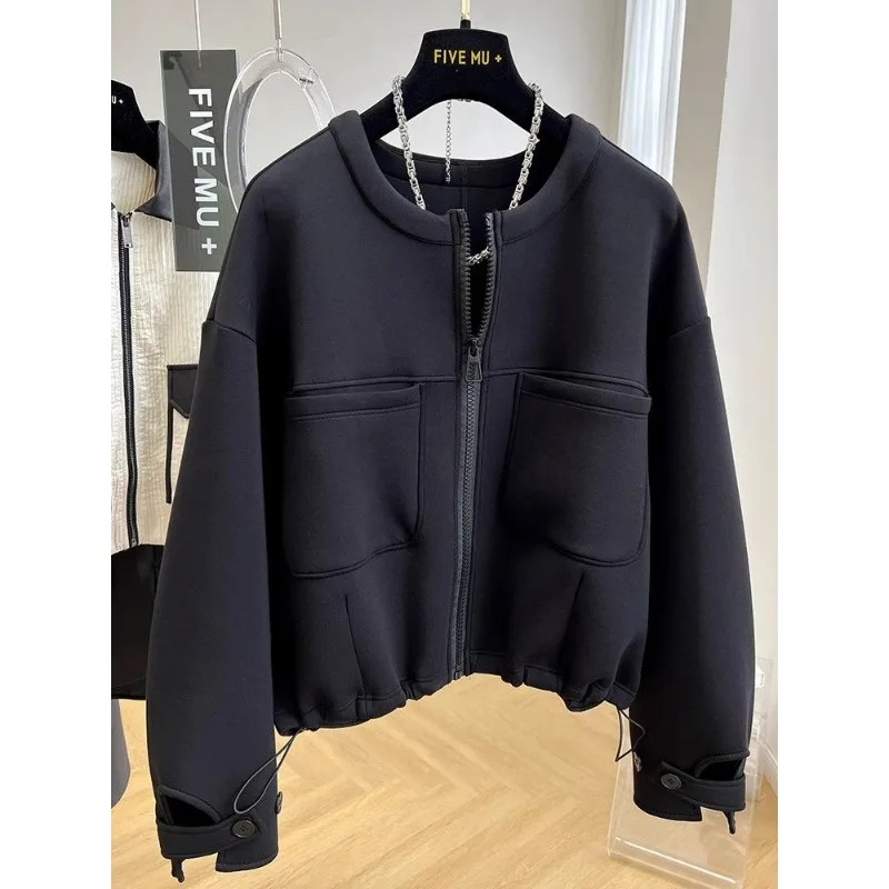 

Женская осенняя укороченная блузка-жакет больших размеров с круглым вырезом, свободного кроя, в американском ретро-стиле, нишевая, повседневная, минималистичная, удобная