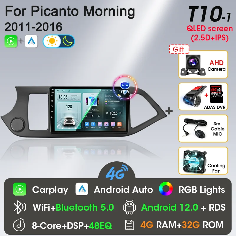 2 Din Android 12 Autoradio Carplay voor KIA PICANTO Ochtend 2 2011 2012 2013 2014 2015 2016 Multimedia Speler navigatie DVD Hoofd