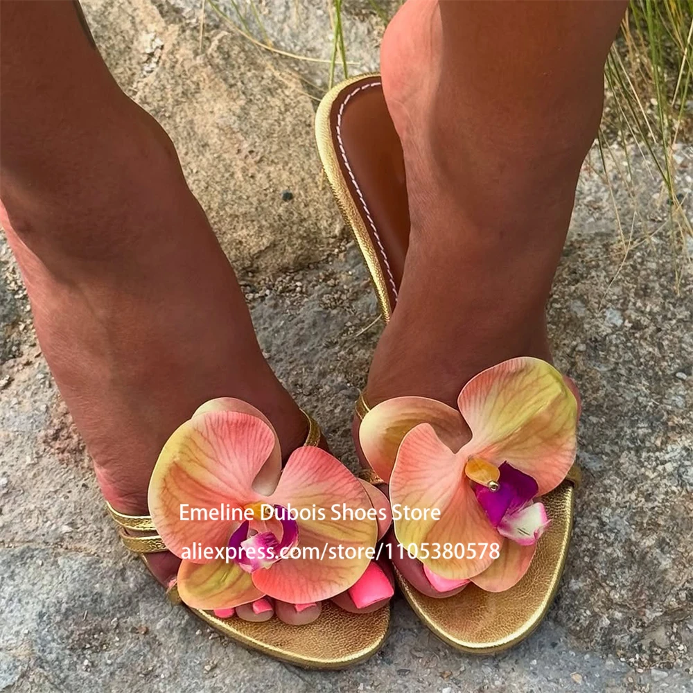 

Gold Leather Orchid Flower Kitten Heel Mules Slip on Open Toe High Heel Sandals Summer Women Shoes Party Wedding Bridal Wear