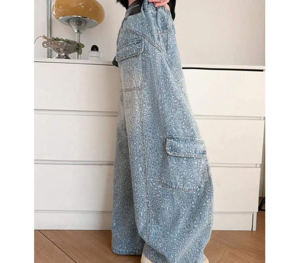 

Детские джинсы-карго с высокой талией и широкими штанинами с синим леопардовым принтом для девочек, модная одежда, джинсовые брюки, детские винтажные брюки