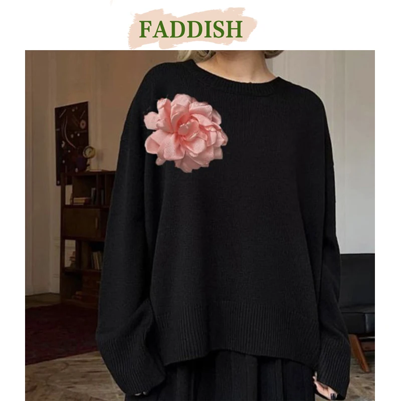 FADDISH 2024 Women Fashion Loose Round Collar Camellia Flower Knitted Sweater Female Solid Color Casual Long Sleeve Top Pullover