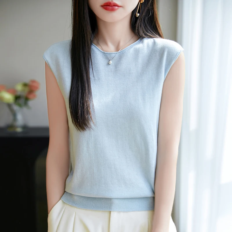 

Summer O-neck T-shirt Women's Solid Color Sleeveless Sweater Fashion Shirt Basic Blouse Women's Clothes