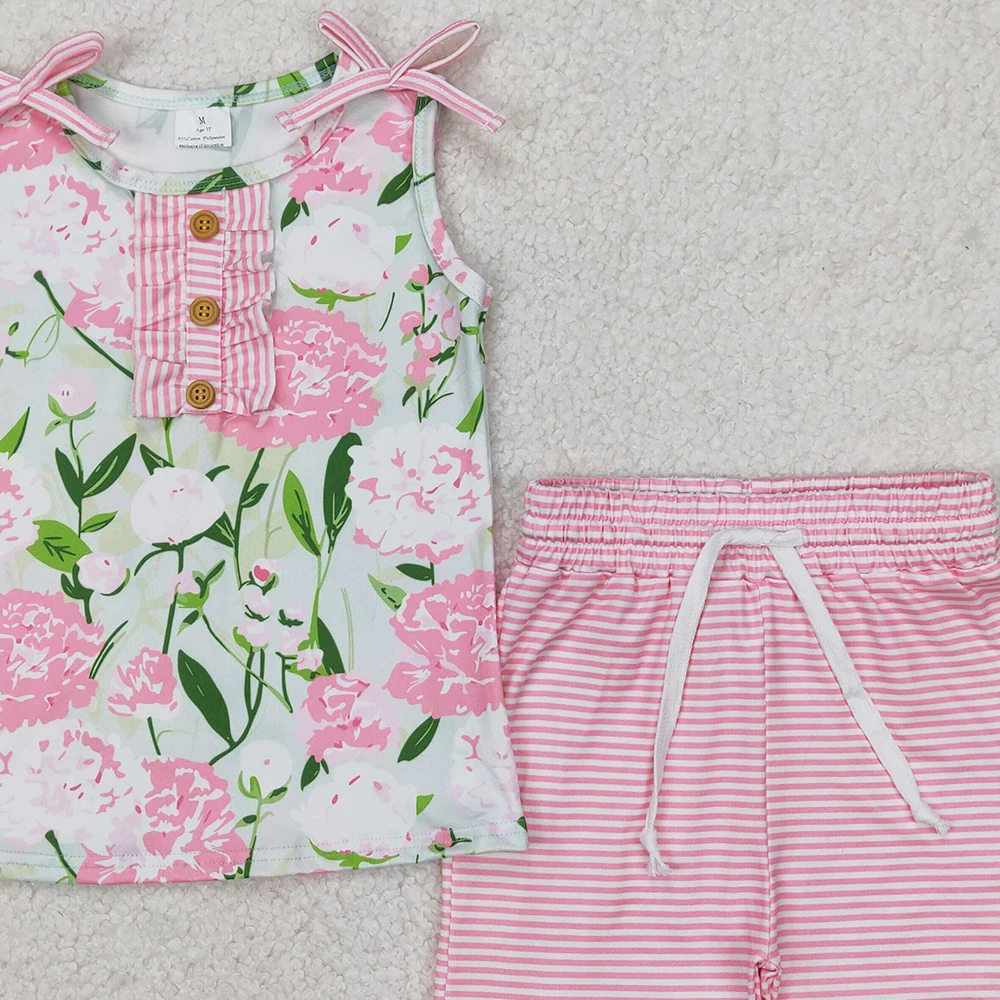 GSSO2357 Baby Girls Pink Sleeveless Floral Button Top Stripe Shorts Set