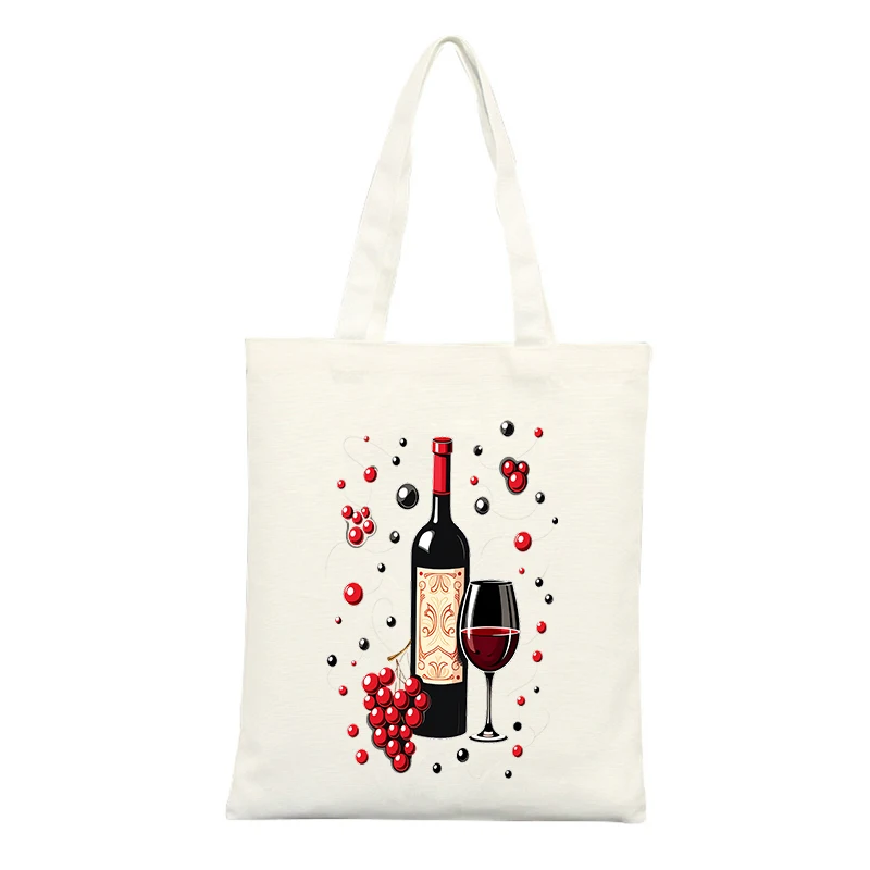 Wine Bottle and Glass Graphic Canvas Tote Bag, Casual Style for Daily Shopping and Gatherings