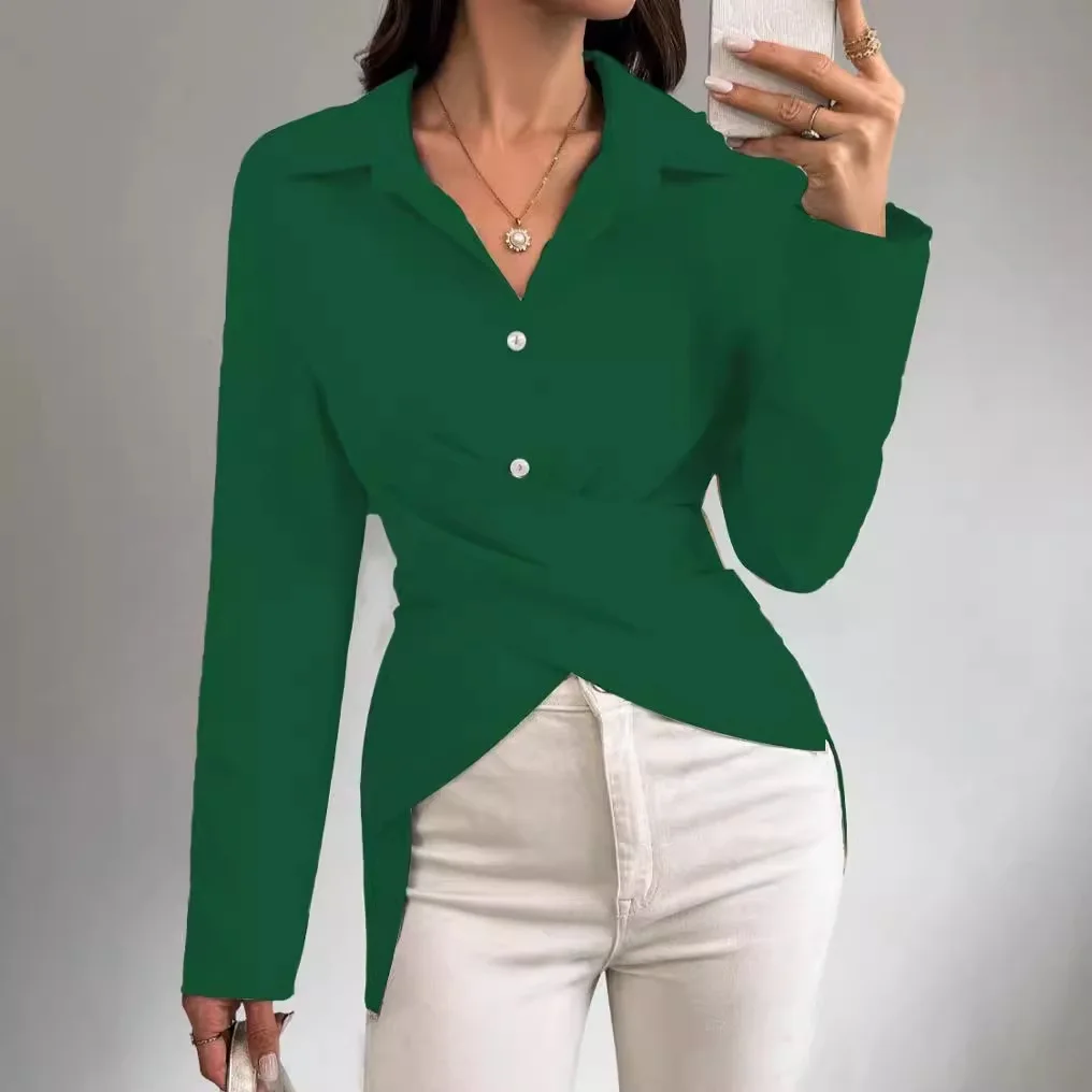 Women's Blouse New 2024 Autumn Simple Fashion Versatile Waist Collection Solid Y2k Shirt V-Neck Long Sleeves Tops for Female