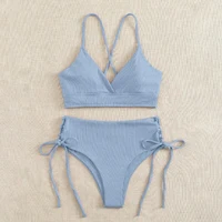Solid Bikini Set Swimsuit Women V Neck Backless Lace Up High Cut Thong Split Bathing Suit 2025 New Beach Swimwear 2 Piece Sets - Image 5
