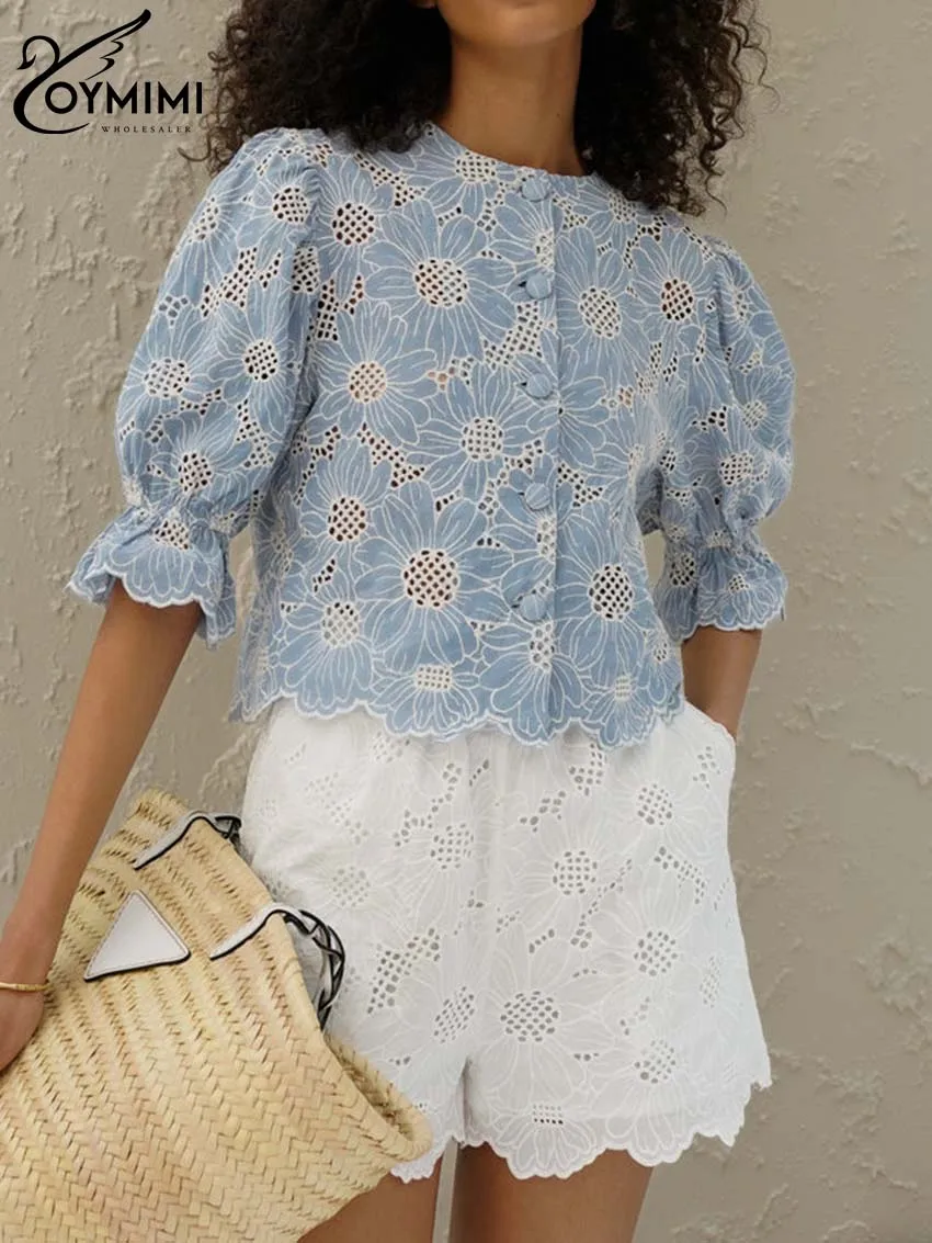 Oymimi-camisa con estampado azul para mujer, camisa elegante de media manga con cuello redondo, de algodón con botonadura única, para verano y otoño