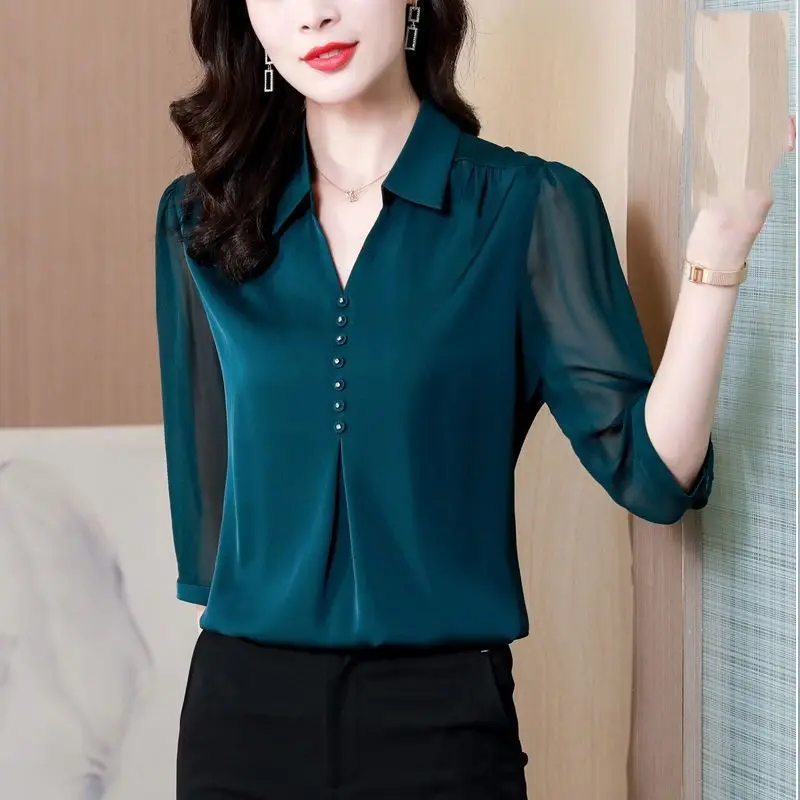 Women Vintage Elegant Chiffon Blouse Spring Summer Gauze 3/4 Sleeve V-Neck Fashion Loose Solid Button Female Casual Shirt 2022