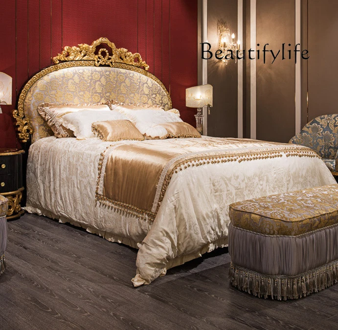 

European-style luxury all-solid wood double bed, French original wood carved fabric, designer high-end