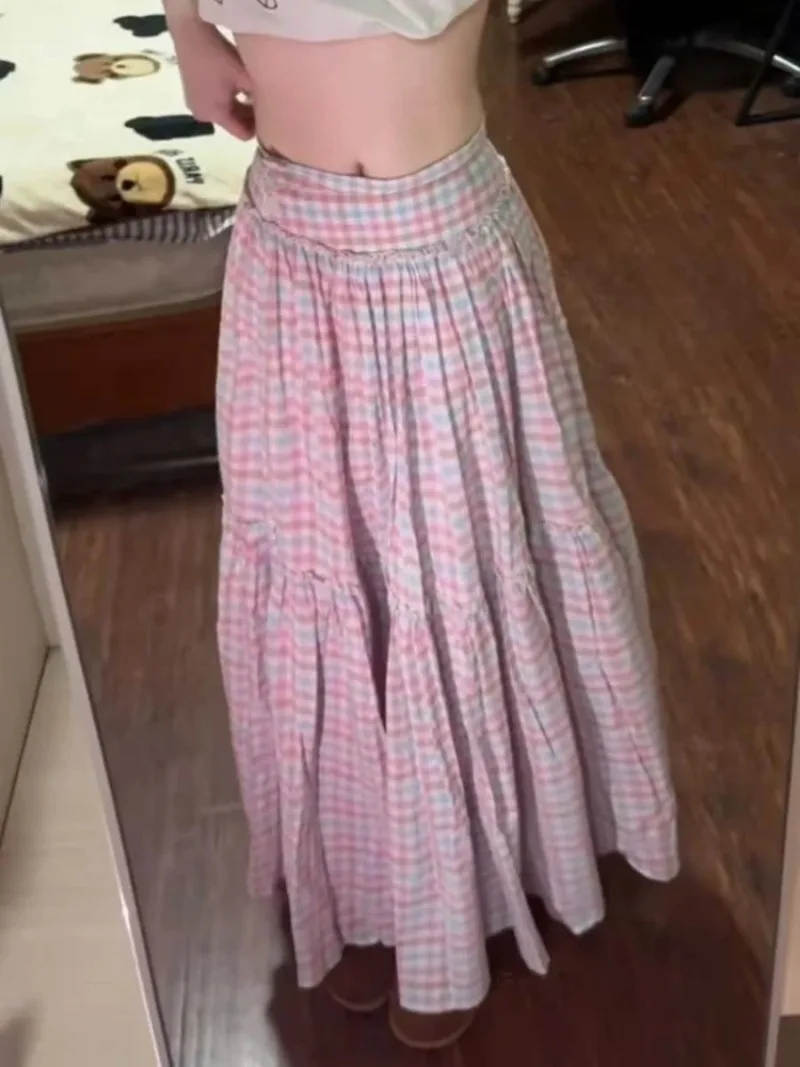 Japanese Style Sweet Lovely Plaid A-Line Cake Half Skirts Women Pink  Y2k Casual Loose Fit Skirts Vintage Chic Mid-Length Skirts