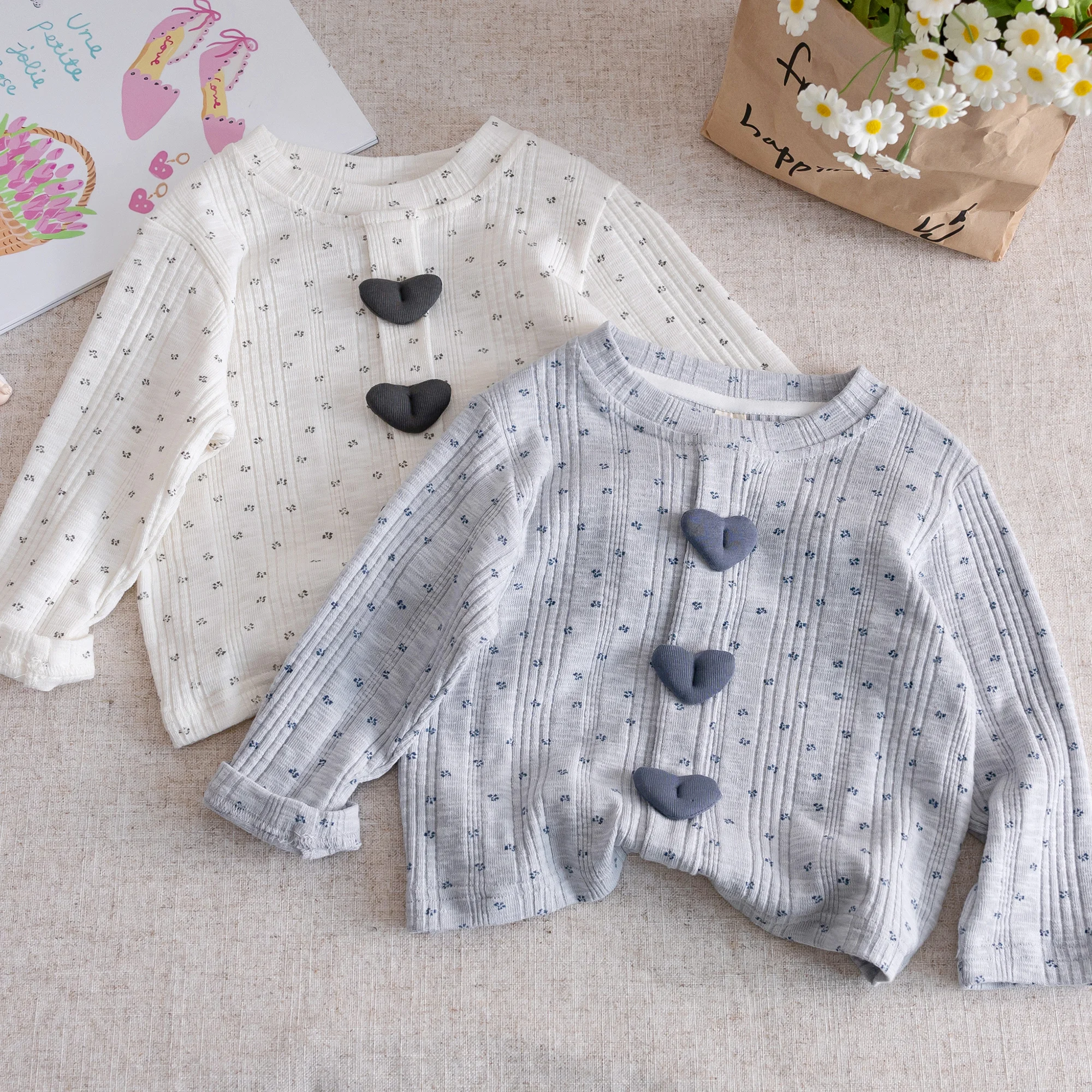 Autumn Girls' Love Cotton T-shirt Baby Girls Bow Print Long Sleeve Top Korean Children's Spring Autumn Thin Base Shirt