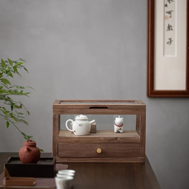 Solid Wood Black Walnut Desktop Display Cabinet with Glass Door Small Shelf for White Tea Cake Pu Er Box Storage Dustproof