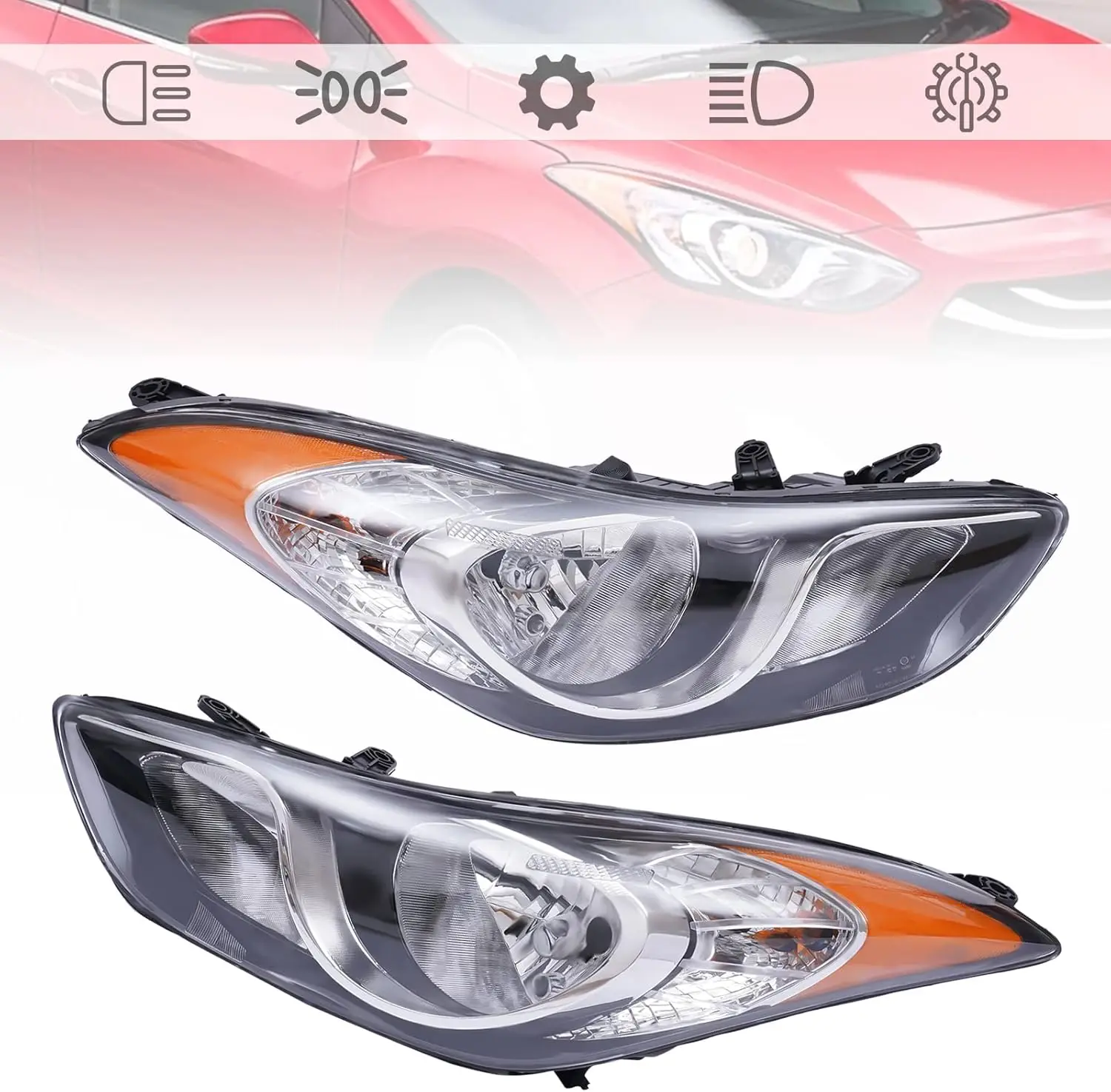 Headlight Assembly Compatible with 2011-2013 Elantra - Halogen Driver & Passenger Side, Chrome Housing, Replacement for 92101-3Y