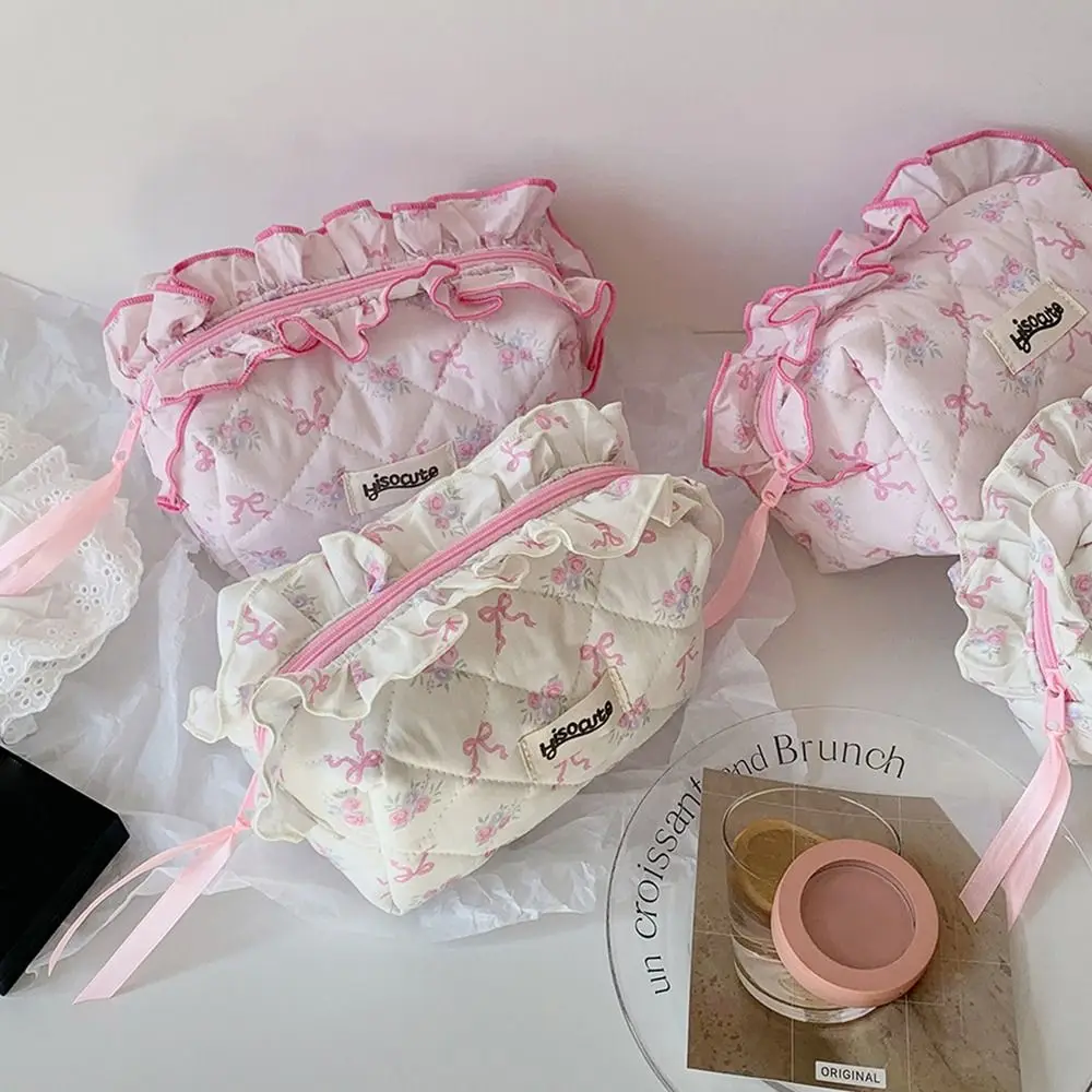 Sweet Lace Bow Cosmetic Bag Large Capacity Multi-function Pen Bag Makeup Organizer Toiletry Storage Bag Women