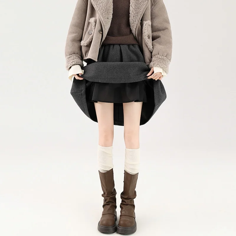 2026 Autumn Winter New Woolen Bloom Skirt Women High Waist A-line Midi Skirt Casual Loose Flared Puff Skirt