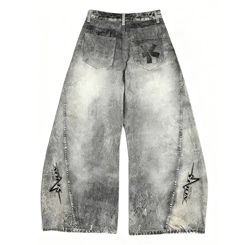 MWJLPWQ Niszowe, postarzane dżinsy z nadrukiem, długie spodnie męskie, styl high street, sprane, unisex, unikalne, szerokie, baggy jeansy z motywem machety, jesień 2025, 12440