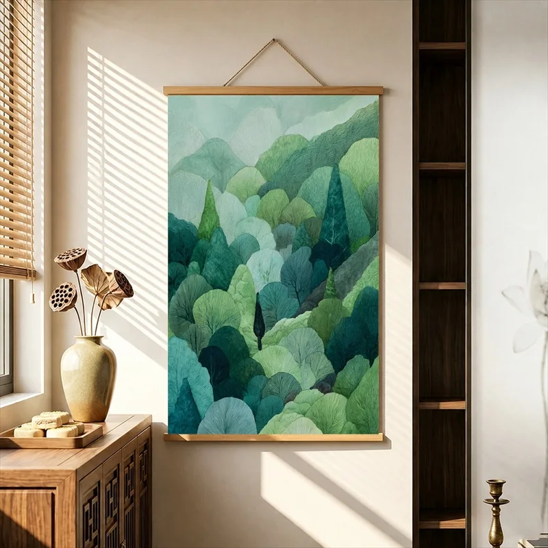 Wall Decor Layered Green Forest Canopies, Natural Botanical Pearlescent Canvas Wall Hanging Scroll for Wellness Space Wall Decor