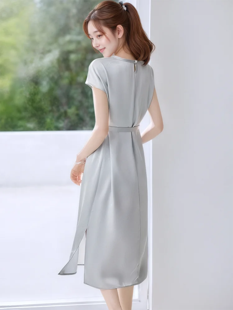 Women Solid Satin Luxury Party Evening Dress Summer Short Sleeve Bow Bandage Loose Dress 2025 Korean Fashion Elegant Party Dress