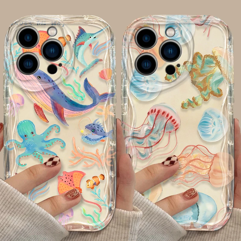 Colorful Marine Organism Case For iPhone 16 15 14 13 12 11 Pro Max X XR XS 8 7 Plus SE 2020 Wave Shockproof Silicone Phone Cover