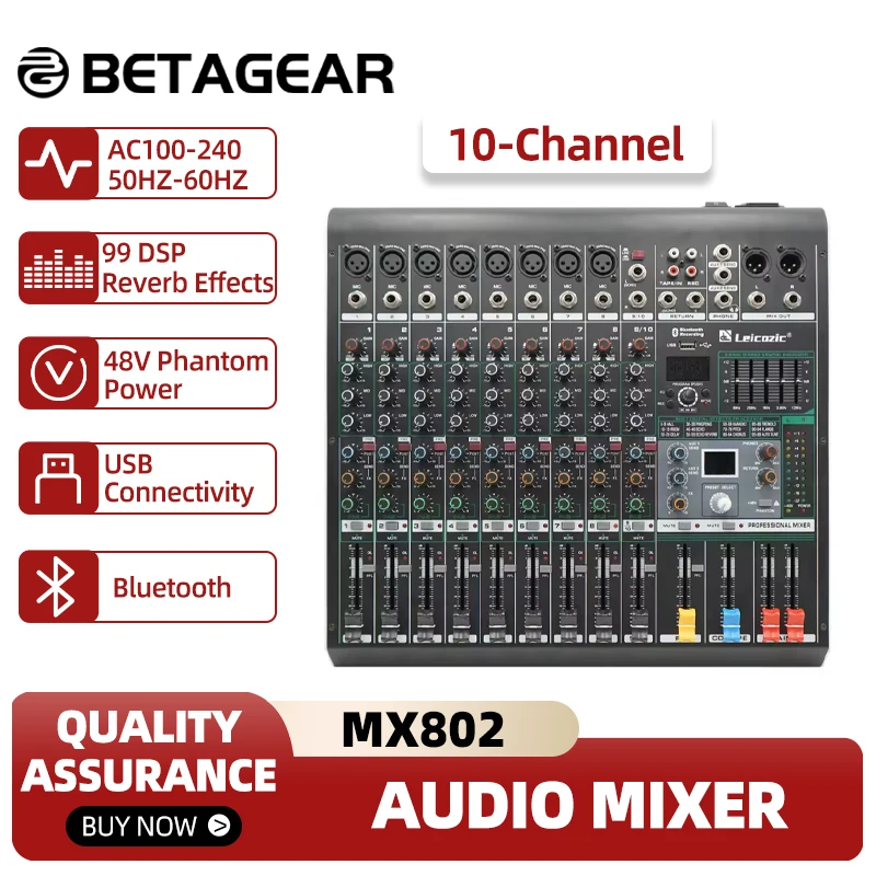 Leicozic Mixing Console MX802 10Channel Audio Mixer 5-Band Graphic Equalizer +48V USB / BlueTooth Professional Sound Table Music