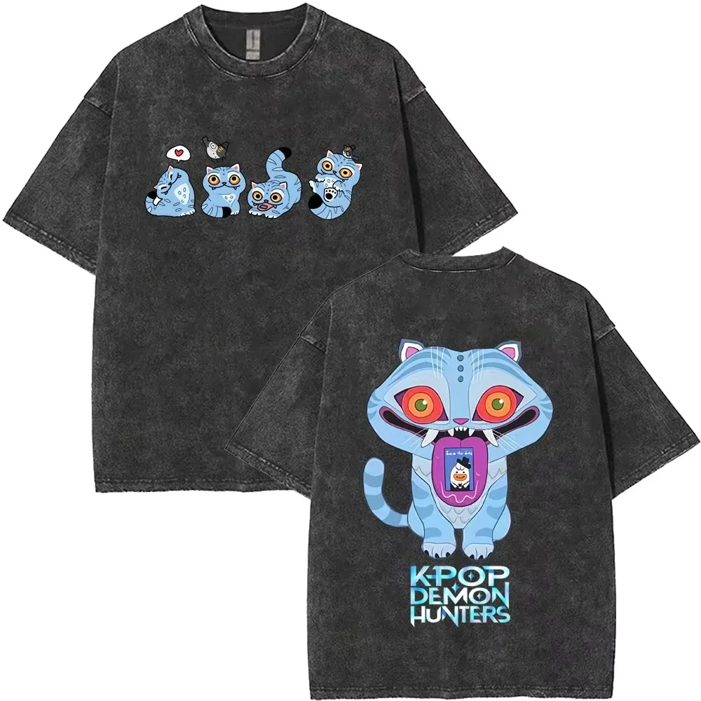 غسلها خمر Kpop شيطان الصيادين ديربي النمر تي شيرت الرجال النساء موضة الكرتون الاتجاه الشارع Crewneck تي شيرت المتضخم التي شيرت