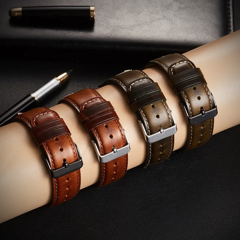 Quick Release Leather Watchband Handmade Cowhide Belt with Steel Pin Buckle Watch Accessories Oil Wax Watch Strap 20mm 22mm