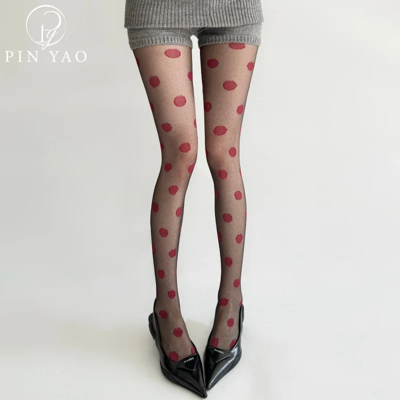 

Red Large Dots Cross-Border Black Silk Ultra-Thin Jacquard Stockings Bottoming Pantyhose