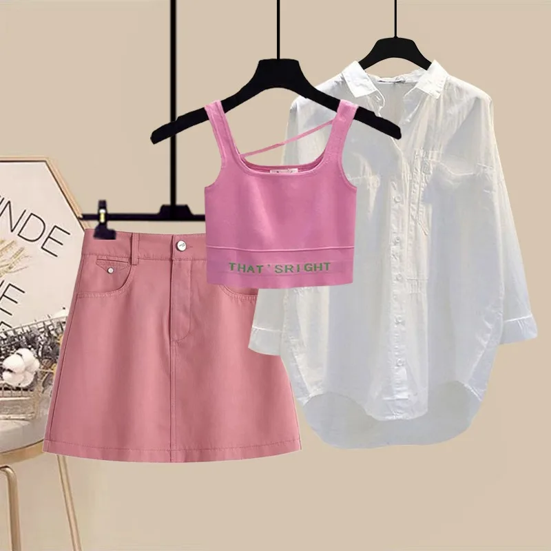 

Summer Casual Loose Shirt Tank Top Pink Short Skirt Three Piece Set Fashionable Loose Fit Three Piece Suit in Pink for Women
