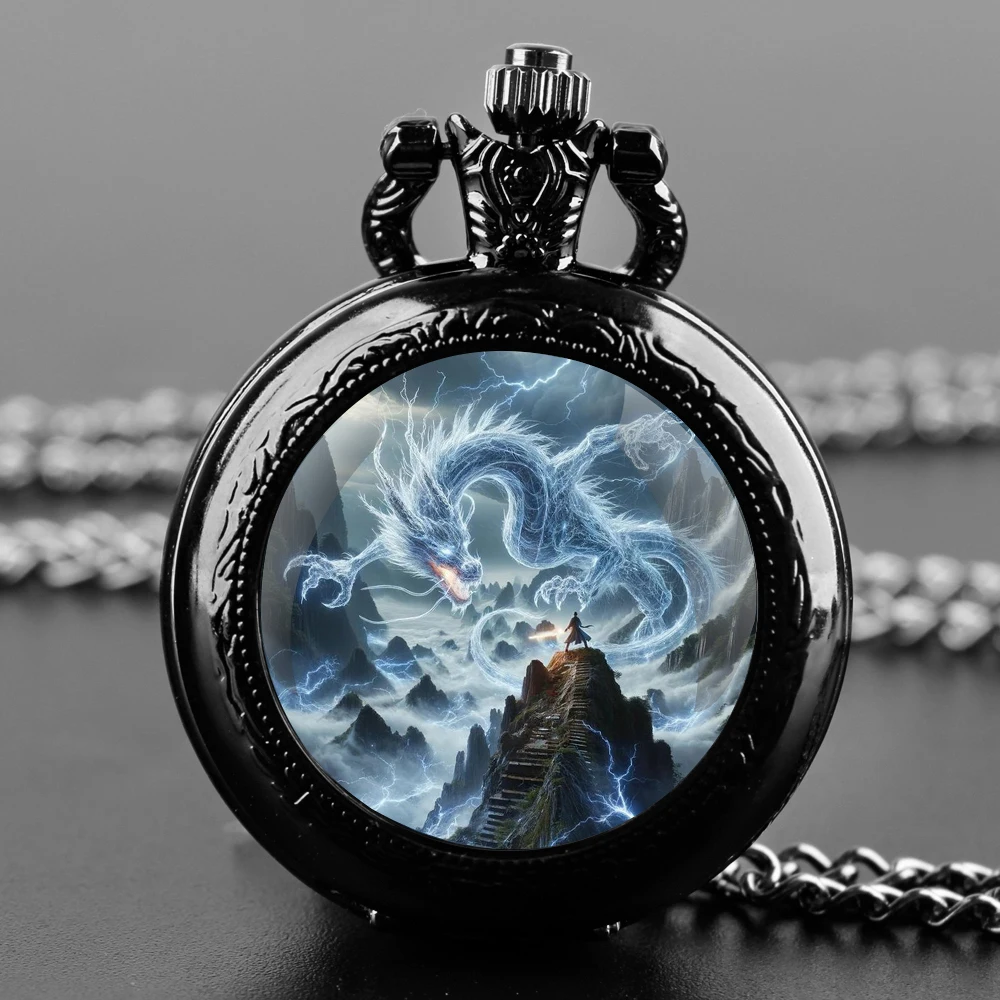 ساعة جيب كوارتز سوداء على شكل قبة زجاجية من Dragon مع قرص أرقام عربية وسلسلة متينة هدية للرجال والنساء