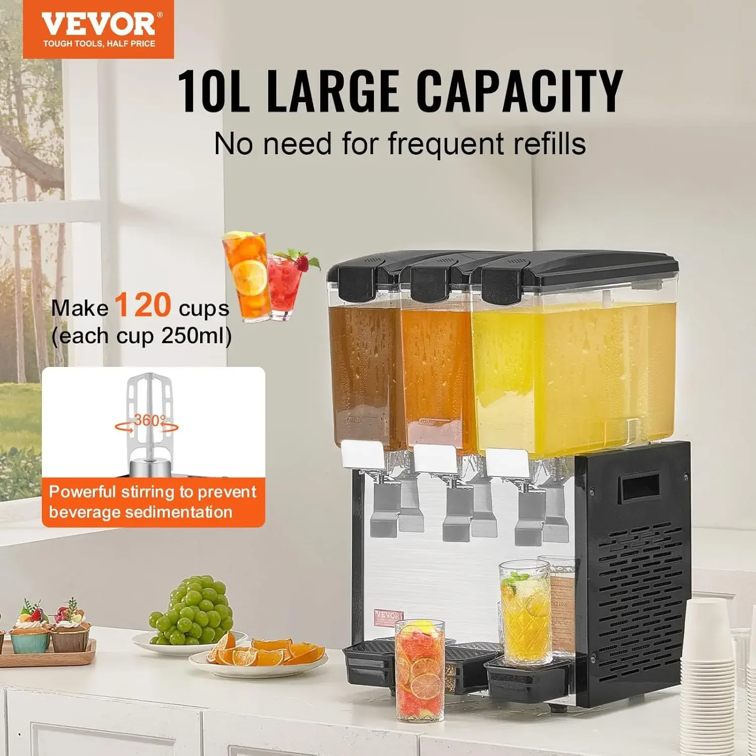 Commercial Beverage Dispenser 3 Tanks 10 L 10 6 QT Per Tank Juice Dispenser 440W Stainless Steel Ice Tea Drink Machine with 45