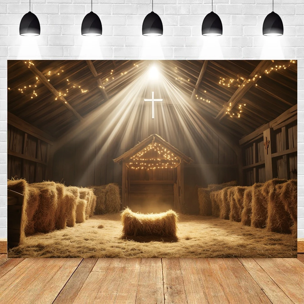 Christmas Birth of Jesus Backdrop Nativity Scene Wooden House Farm Barn Cross Bible Grail God Bless Baby Photography Background