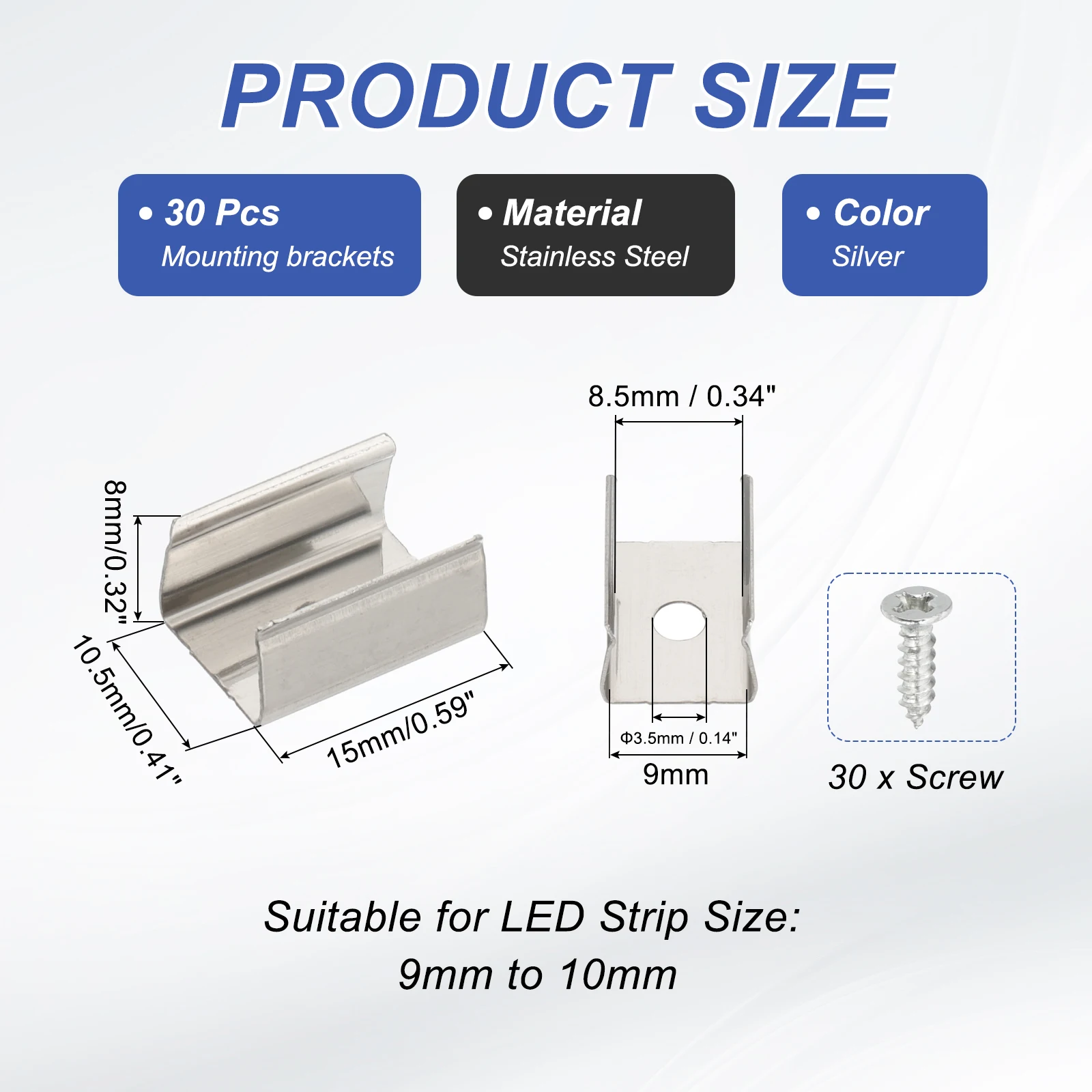 30-70Set LED Strip Clips Stainless Steel Mounting Bracket Fixing Clip Clamp Support Holder with Screws for 9mm to 20mm LED Strip