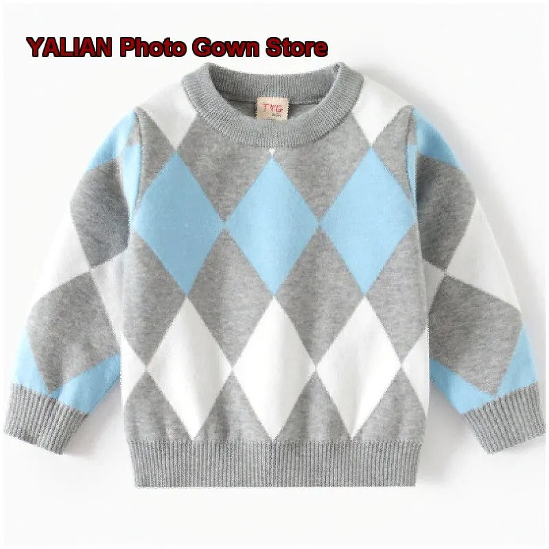Boys European American Style Double-Layer Cotton Pullover Autumn Winter Diamond Pattern Warm Top Kids