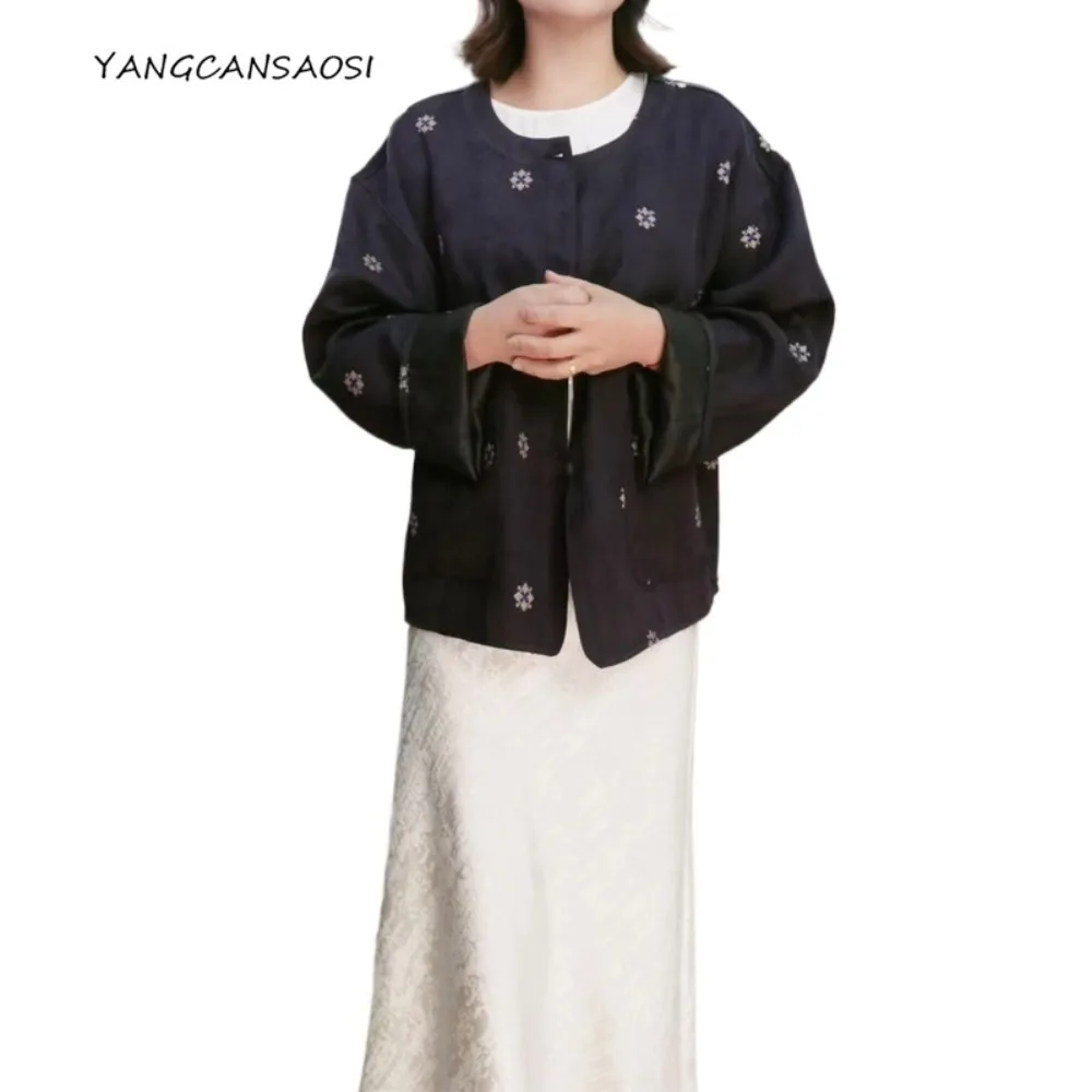 

2025 Women's Fashion Autumn New 100% Natural Mulberry Silk Fragrant Cloud Yarn Embroidered New Chinese Style Pan Button Coat