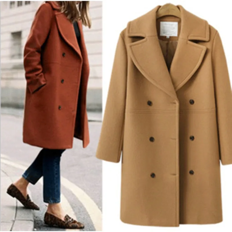 Women Slim Cardigan Trench Autumn Winter New Woolen Coat Trench Women Long Sleeve Double Breasted Turn-down Collar Woolen Coat