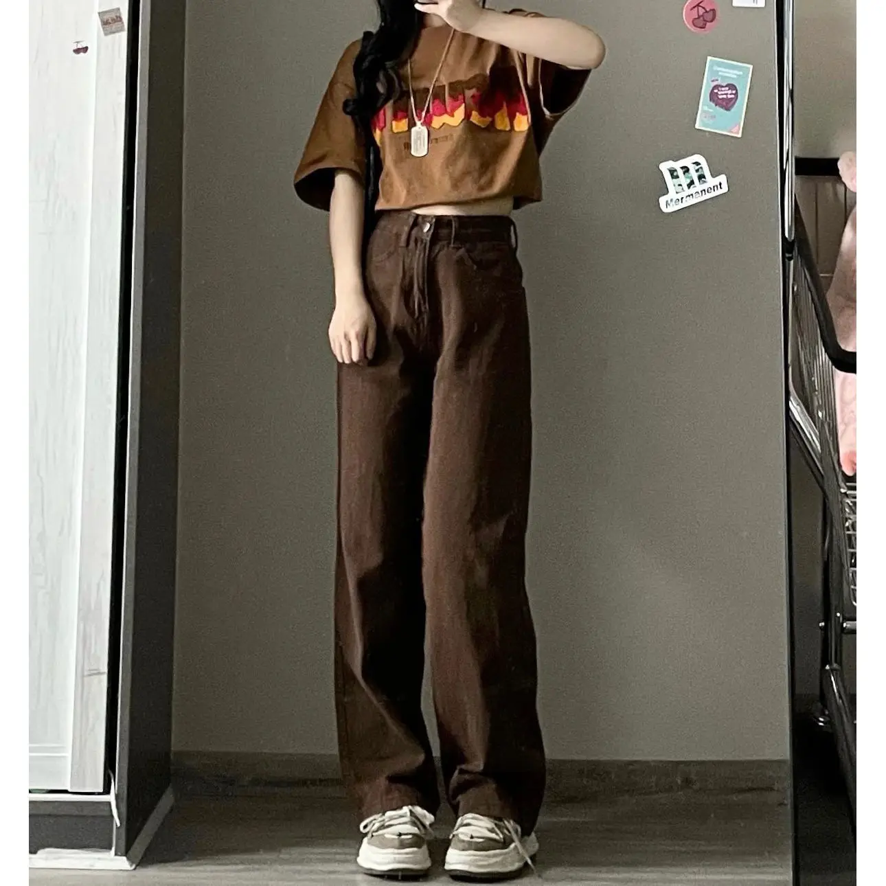 

Autumn Women'S Clothing Wide Jeans Woman Straight Blue Casual Retro 2000S American Distressed Hole Ripped Female Trousers Unisex