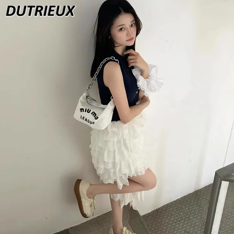 Japanese Personality Irregular Hem Elastic Waist Skirt Spring and Summer New Sweet Girls Heavy Industry Frilly Cake Skirts