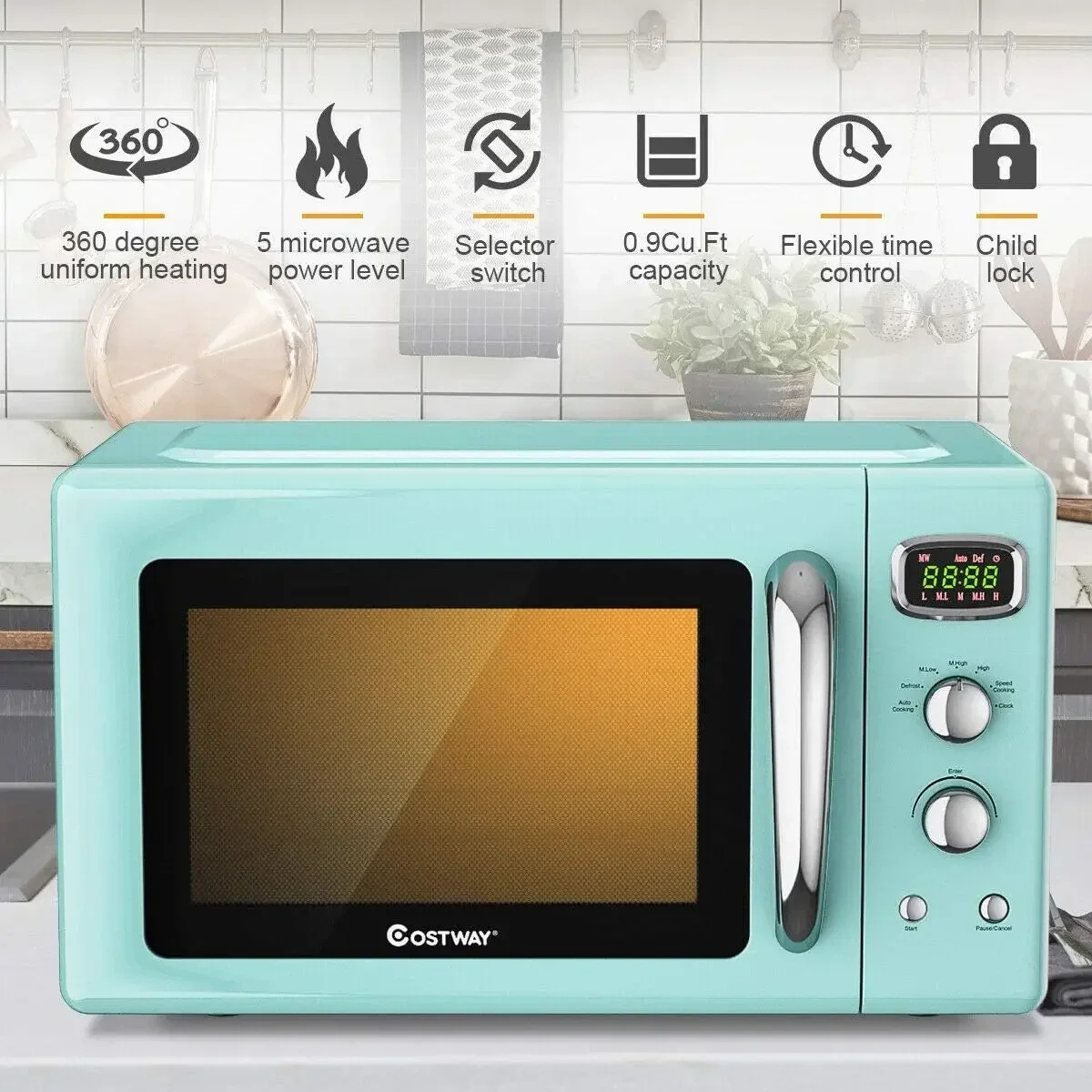 COSTWAY meja Retro Oven Microwave, 0,9cu. ft, 900W Oven Microwave, dengan 5 daya mikro, Defrost & fungsi memasak otomatis