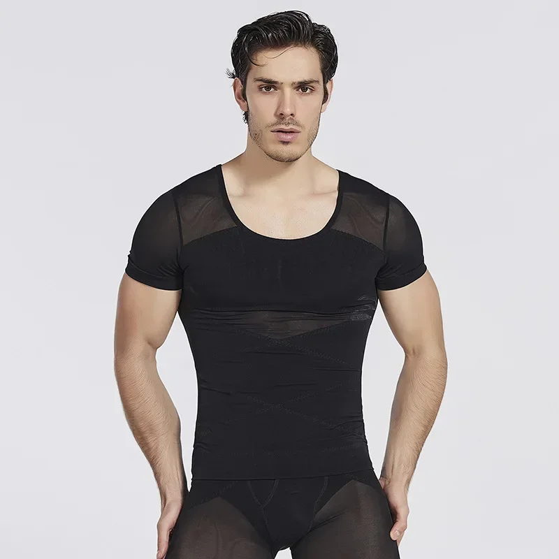 Men Mesh Body Shapewear Short-Sleeved Cross Abdomen Shapewear Men\'s Shaper Slimming T-Shirt Corset Compression Shirt