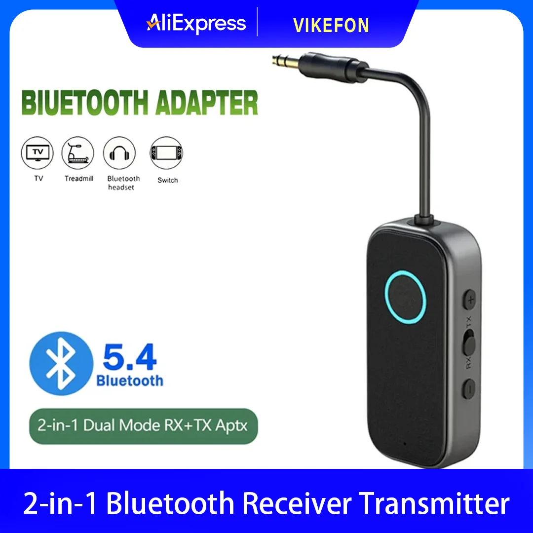 2-in-1 Dual Mode RX+TX Aptx Bluetooth 5.4 Receiver Transmitter Wireless 3.5mm Aux Audio Adapter with Mic for Flight TV Car