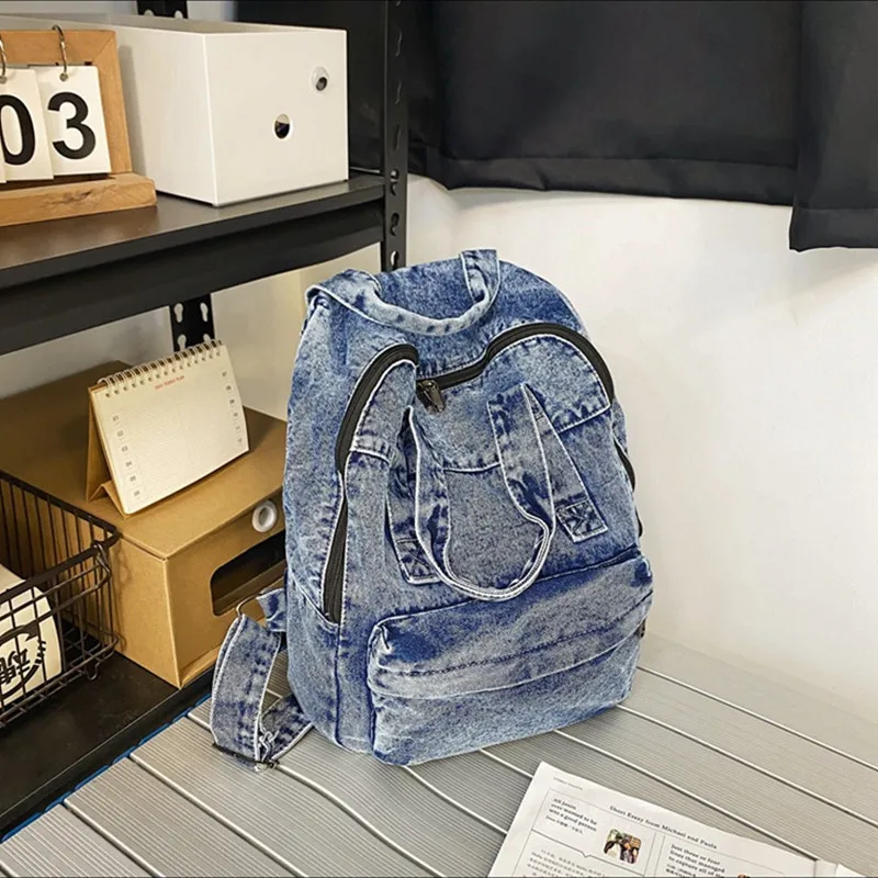 

Vintage Denim Women's Backpack Large Capacity Student School Bags For Girls Casual Ladies Travel Backpack