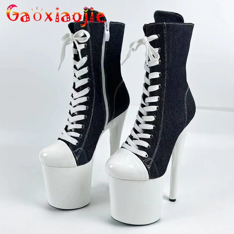 15 17cm 20CM Extreme High Heels Pumps Women Platforms Pole Dancing Lace-Up Short Boots Denim Fashion Model Shoes Fast Shipping