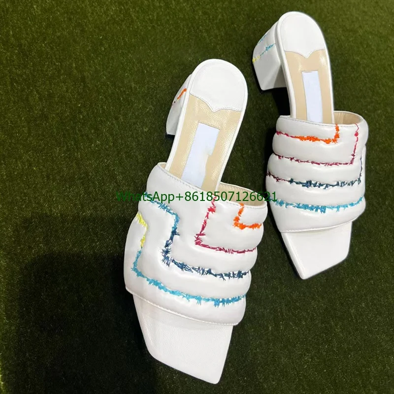 

Open Toe Square Toe Chunky Heel Slip-On High-Heeled Shoes Women's 2023 Summer New Rainbow Thread Embroidery Slippers