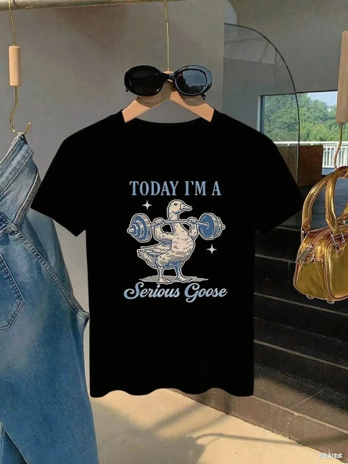 

Humorous Goose Lifting Weights Print Pattern Trend Personality Short-sleeved 100-cotton Round Neck Fashion T-shirt Top tee